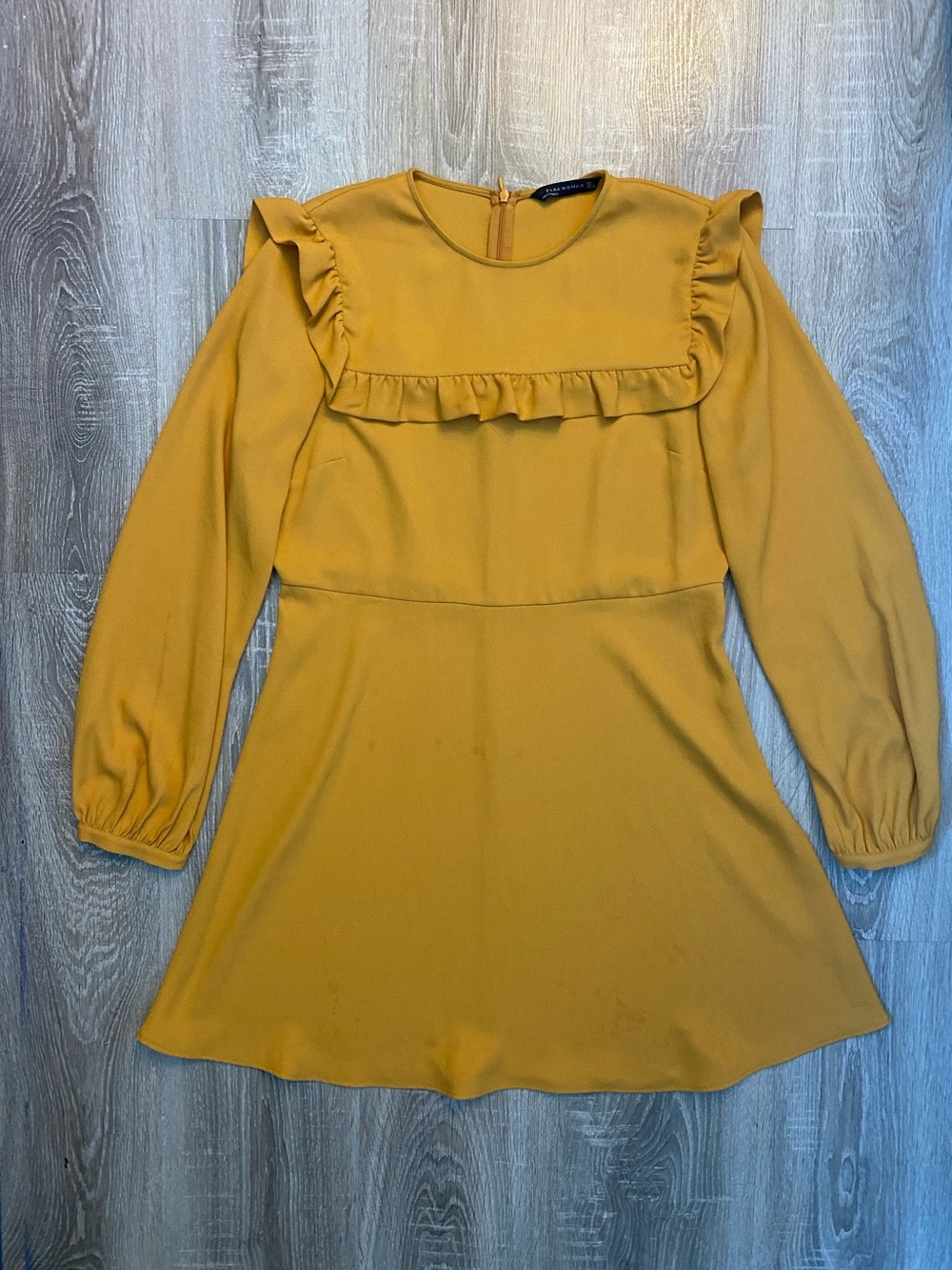 Vintage Zara Mustard Ruffle-Front Long Sleeve Dress